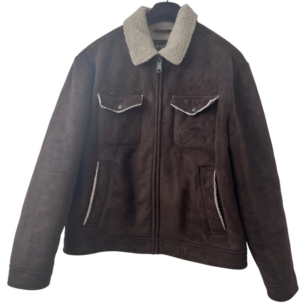 Levi's Brown Suede Zip Front Snap Pockets Faux Leather/Fur Jacket - Size L